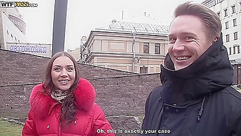 Threesome in a public place of a brunette and a husband