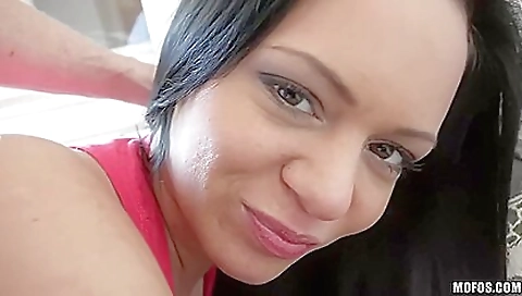 Busty brunette with big natural tits riding in pov video