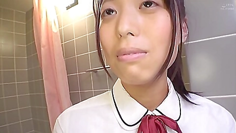 Asian brunette with a shaved pussy has fun with her lover