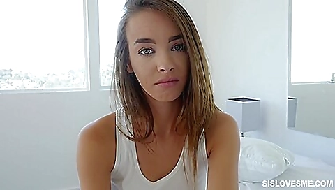 Hot brunette with small boobs helps her stepbrother