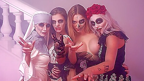 Horny girls in a VR show are being fucked in doggy style