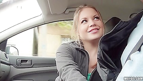 Hot blonde babe in sexy black lingerie taking a ride