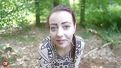 Hot brunette milf in a hot group sex outfit in the woods