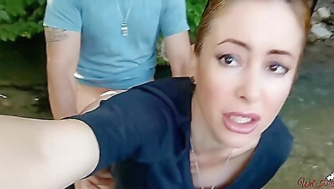 Milf with a sexy tattooed pussy outdoors and takes a deep throat