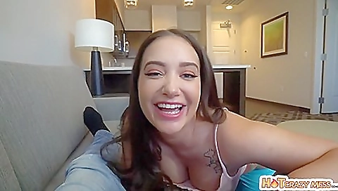 Brunette with large tits is playing with a deepthroat