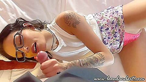 Amateur tattooed girl is getting a cumshot shot in a homemade clip