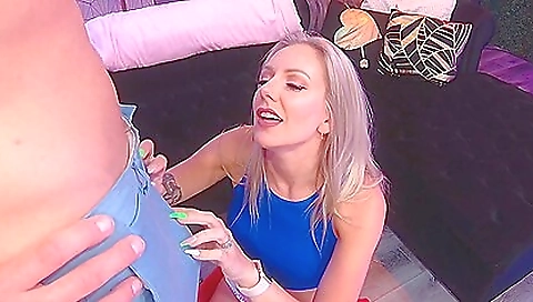 Horny blonde with a big ass sucking dick and getting facial