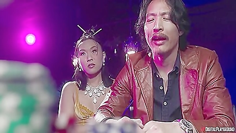 Busty brunette in a tattoo on her ass is having threesome